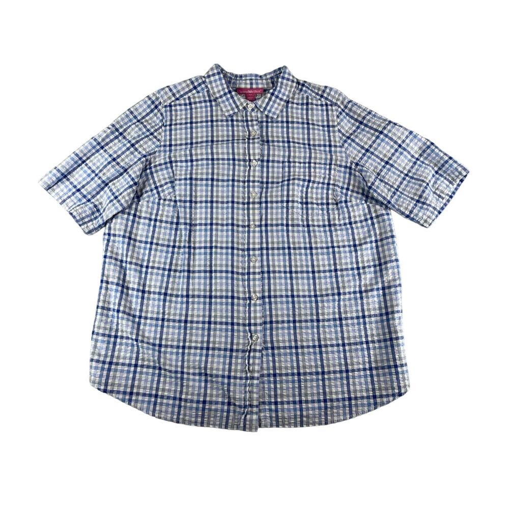 Woman Within Shirt Womens Large (18/20) Blue Button Up Plaid Short Sleeve